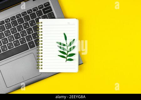 Spring workspace concept, notebook and blank notepad with green leaves, creative flat lay design for web site, copy space and yellow desktop photo Stock Photo