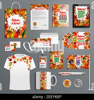 Corporate identity set with autumn season brand symbol. Fall leaf, harvest vegetable and fruit branding template of business card, letterhead, envelop Stock Vector