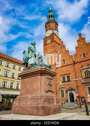 Wroclaw June 29 2018 statue of Aleksander Fredro at market square in front of town hall Stock Photo
