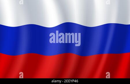 Russia 3D flag of wavy fabric background. Vector Russian Federation republic country official national flag of white, blue and red horizontal color wa Stock Vector