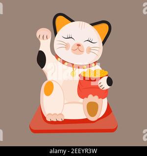 Maneki neko vector isolated on brown background. Lucky cat in japanese traditional culture. Talisman or mascot symbol in flat style. Plastic, ceramic Stock Vector