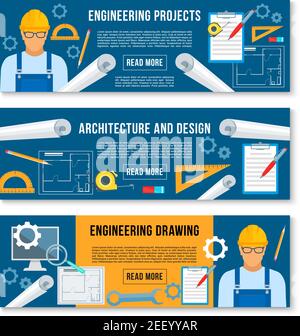 Home or house engineering and planning project banners. Vector set for interior design and building engineer work tools of ruler, pencil or room layou Stock Vector