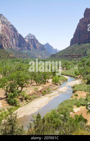 Zion National Park scenic landscape with Virgin River in the foreground. Utah, USA Stock Photo