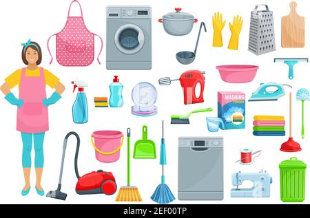 Homework flat icons for house washing, cleaning and needlework. Vector set of woman with vacuum cleaner, dishwasher machine, kitchenware grater, sauce Stock Vector