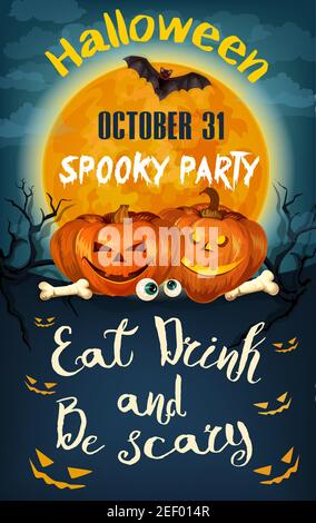 Halloween party pumpkin Jack lantern and moon invitation poster template. Vector design of scary skull and skeleton zombie bones on cemetery grave, sp Stock Vector