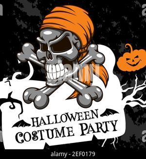 Halloween costume party invitation poster of skeleton skull on crossbones and pumpkin lantern. Vector horror scary zombie dead skull design template f Stock Vector