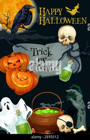 Happy Halloween trick or treat horror night poster of pumpkin lantern, witch cauldron and spooky ghost. Vector design of Halloween skull bone on tomb Stock Vector