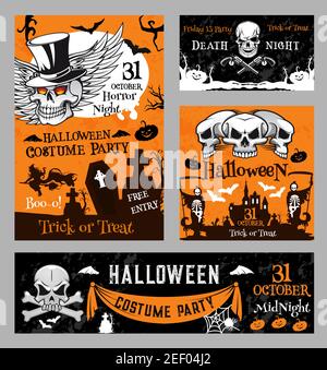 Halloween night greeting banners or horror holiday costume party posters. Vector skull on bones in graveyard cemetery, orange moon and Halloween pumpk Stock Vector