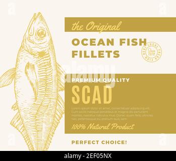 Premium Quality Fish Fillets. Abstract Vector Fish Packaging Design or Label. Modern Typography and Hand Drawn Atlantic Scad Silhouette Background Stock Vector