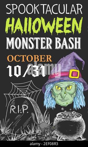 Halloween monster party invitation sketch poster design for October trick or treat celebration. Vector Halloween holiday witch or zombie in potion cau Stock Vector