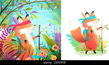 Fox Brave Explorer in Forest and Isolated Set Stock Vector
