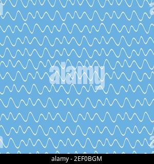 Waves squiggly pale green lines on bright blue background seamless vector repeat surface design cartoon style Stock Vector