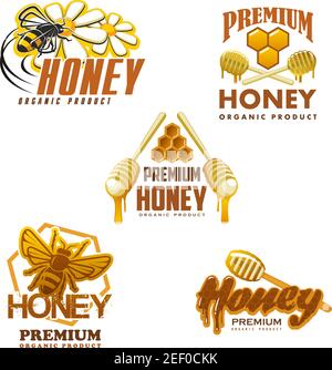 Honey organic beekeeping farm product icons templates. Vector isolated set of bee on flower blossom and honey in jars, honeycomb and dipper spoon with Stock Vector