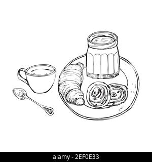 Croissant and rolls on a plate and a jar of jam. Sweet sketch illustration Stock Vector