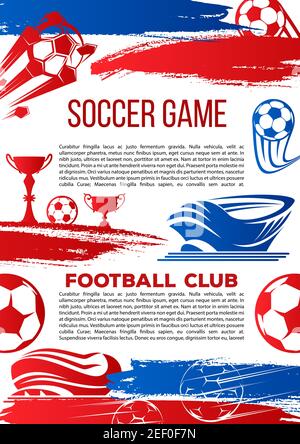 Soccer game championship or football club poster. Vector design of soccer ball on arena stadium, victory goal and champion winner cup for college leag Stock Vector
