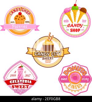 Candy shop or patisserie desserts icons of cakes, ice cream, berry and fruit cupcake, chocolate biscuit or pie and pastry tiramisu or brownie tart. Ve Stock Vector