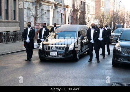 New York, New York, USA. 16th Feb, 2021. Pall bearers escort the hearse carrying Cicely Tyson after her service at Abyssinian Baptist Church, where Tyson was a long standing member. The late actress, the recipient of three Primetime Emmy Awards, one Screen Actors Guild Award, one Tony Award, an honorary Academy Award, and a Peabody Award, was 96 when she passed on January 28, 2021. Credit: Brian Branch Price/ZUMA Wire/17�Թ����� Live News Stock Photo
