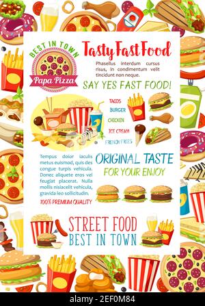 Fast food burgers, pizza and sandwiches poster design for fastfood restaurant or delivery menu template. Vector cheeseburger, hamburger meals combo of Stock Vector
