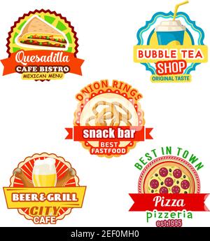 Fast food meals and snacks bar or fastfood bistro cafe icons templates. Vector isolated street food Mexican quesadilla sandwich and onion rings, grill Stock Vector