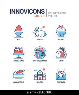 Easter - modern line design style icons set. Christian festive holiday signs, traditional food and symbols idea. Egg, bunny, basket, Simnel cake, hot Stock Vector