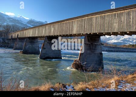 Historic bridge over the rhine river in Vaduz in Liechtenstein 7.1.2021 Stock Photo