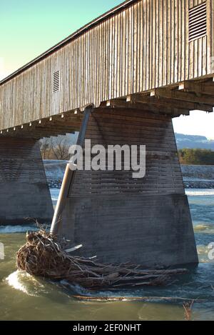 Historic bridge over the rhine river in Vaduz in Liechtenstein 7.1.2021 Stock Photo