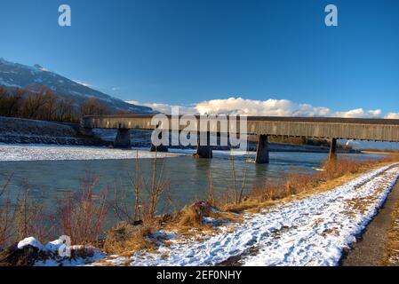 Historic bridge over the rhine river in Vaduz in Liechtenstein 7.1.2021 Stock Photo