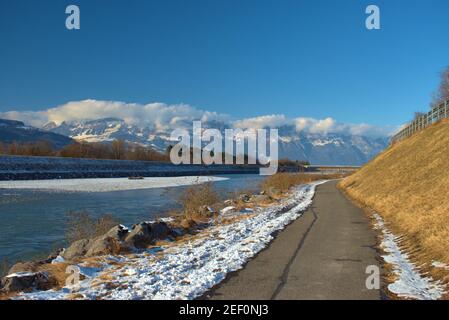 Panoramic view at the rhine river in Vaduz in Liechtenstein 7.1.2021 Stock Photo