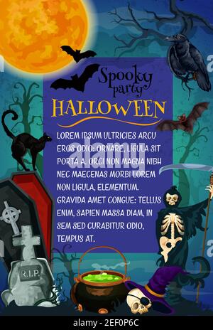 Halloween holiday horror party poster template. Death with scythe or grim reaper on night cemetery, witch hat and potion pot, grave stone and coffin b Stock Vector