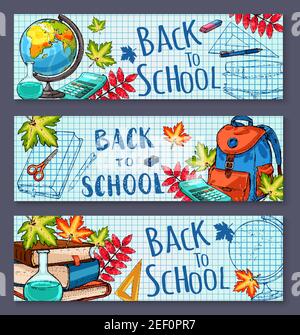 Back to School banners on checkered pattern page background. Vector ink pen design of school rucksack, geography globe map, school book and pencil or Stock Vector