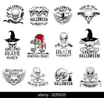 Halloween skull and crossbones icons for trick or treat night party or invitation design template. Vector isolated set of Halloween scary skull in wit Stock Vector