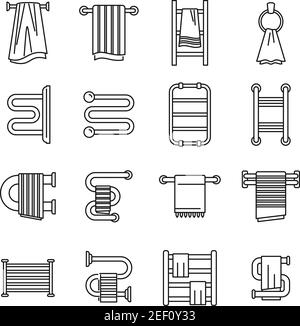Home heated towel rail icons set, outline style Stock Vector