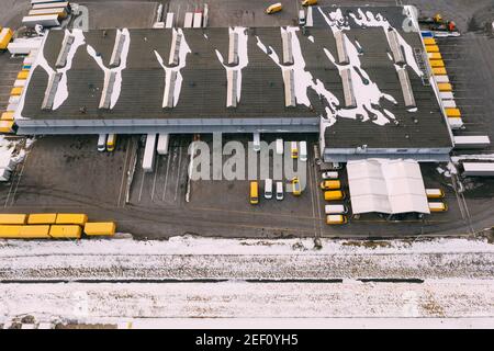 Aerial view of the distribution center, drone photography of the industrial logistic zone. Stock Photo