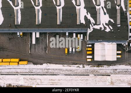 Aerial view of the distribution center, drone photography of the industrial logistic zone. Stock Photo