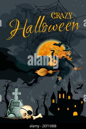 Halloween trick or treat holiday poster of witch flying on broom on haunted castle house in night. Vector Halloween greeting card design of skull bone Stock Vector