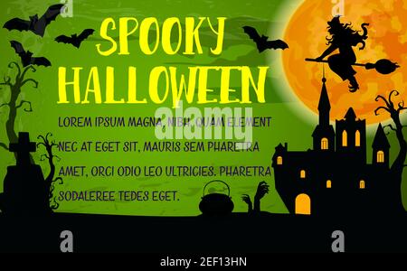 Spooky Halloween holiday poster template. Bat and witch flying in Halloween night sky with full moon and silhouettes of ghost haunted house and cemete Stock Vector