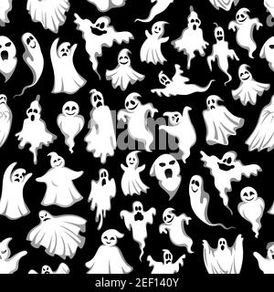 Halloween ghost pattern for trick or treat holiday or party night. Vector seamless backdrop of spooky white ghosts or happy evil monsters flying on bl Stock Vector