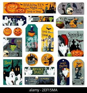 Halloween trick or treat night party icons or invitation cards templates. Vector design set of Halloween pumpkin, witch in moon and grave tomb, black Stock Vector