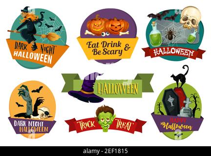 Halloween party and trick or treat celebration icons for greeting card design. Vector set of Happy Halloween Jack pumpkin, witch on broom or skeleton Stock Vector