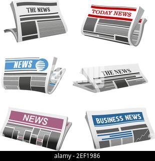 Newspaper isolated icons of folded news magazine. Vector daily news press title and text printed on pages with sign of publishing house for newspaper Stock Vector