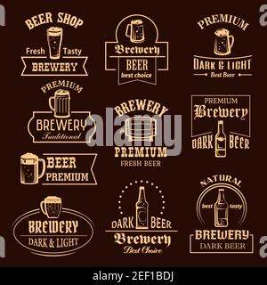Beer icons for brewery pub or bar of beer bottles or wood barrels and ale pint mugs with frothy foam. Vector isolated symbols or premium quality craft Stock Vector