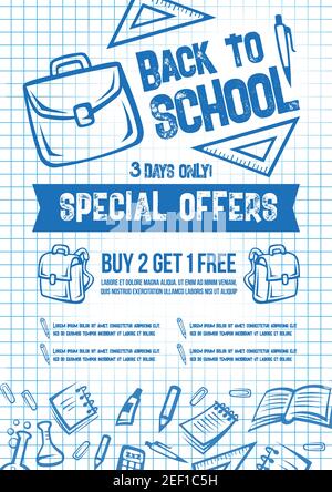 Back to School special offer poster or seasonal sale web banner. School stationery and education supplies on vector copybook checkered ink patern back Stock Vector