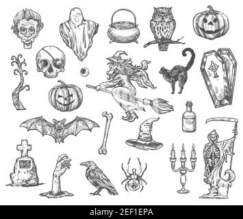 Halloween monsters and symbols vector sketch icons of pumpkin lantern, zombie hand or skeleton skull and death, coffin and tombstone on grave, witch b Stock Vector