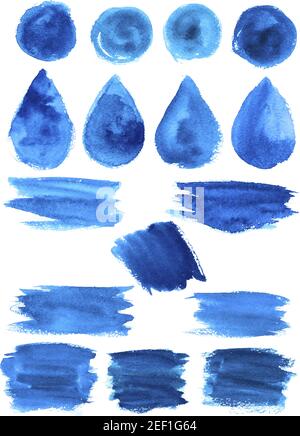 Blue watercolor paint strokes, blobs and splashes or abstract shapes. Vector isolated stain icons by aquarelle paintbrush drops or droplets, lines and Stock Vector