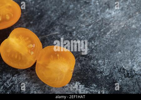 macro top view photo. Yellow cherry tomato Stock Photo