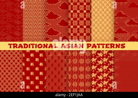Asian seamless pattern set with oriental traditional ornament. Chinese and japanese golden pattern of hieroglyph, cloud, gold fish and lucky coin on r Stock Vector