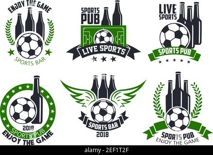 Soccer live game icons of football ball for sports pub or fan club beer bar. Vector isolated symbols of beer drink bottles in crown and laurel, soccer Stock Vector