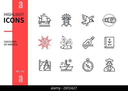 Discovery of America - modern line design style icons set. History idea. Voyage, native American, eagle, spyglass, handwheel, tobacco, bottle post, lo Stock Vector