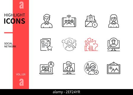 Social network - line design style icons set. Digital marketing and communication idea. Male and female users, group, messages, favorites, contacts, l Stock Vector