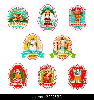 Merry Christmas isolated vector icons of holiday decorations and greetings. Vector isolated set of Xmas tree and snowman or Santa gift, holly wreath i Stock Vector